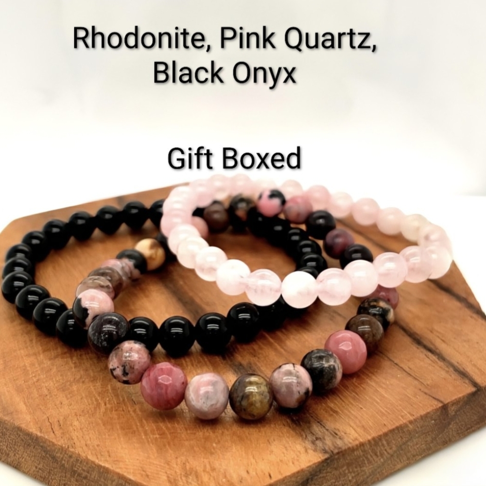 Pink Black 3-piece Bracelet Set Natural Stone Chakra Bracelets - Picture 6 of 7